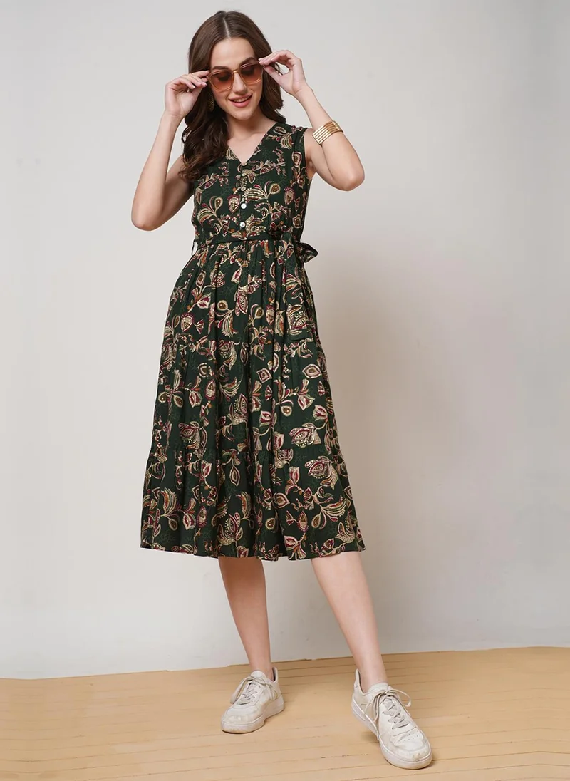 globus Globus Women V-Neck Allover Floral Printed Tiered Midi Fit & Flare Fusion Dress With Belt